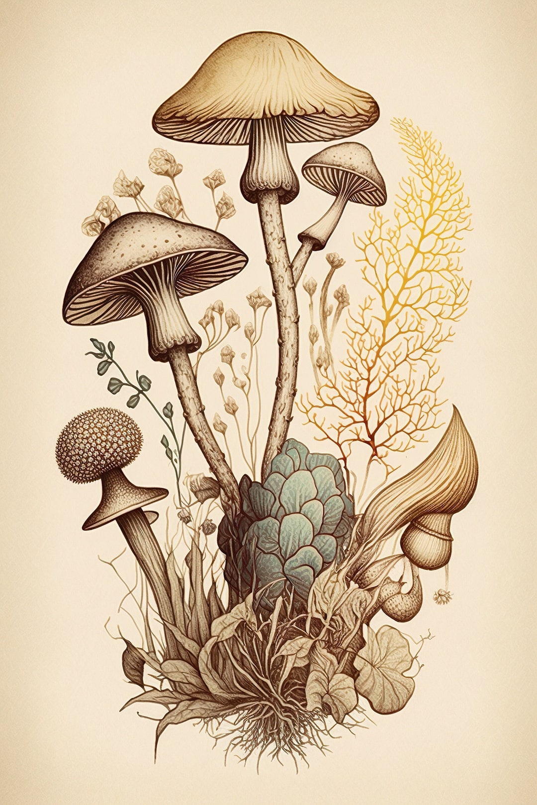 Antiquestyle Mushroom Art Botanical Illustration Digital Download Etsy