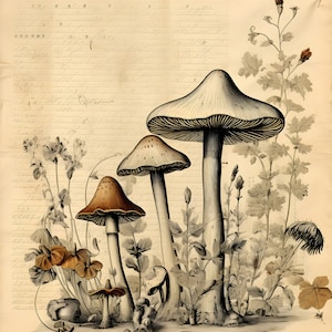 Dibujo botánico de setas antiguas en pergamino Descarga digital