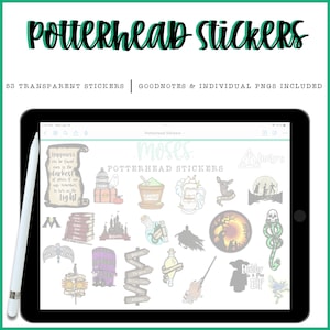 May include: A digital tablet screen displaying 53 transparent Harry Potter themed stickers. The stickers feature various characters, symbols, and quotes from the books and movies. The text "Potterhead Stickers" is displayed at the top of the screen.