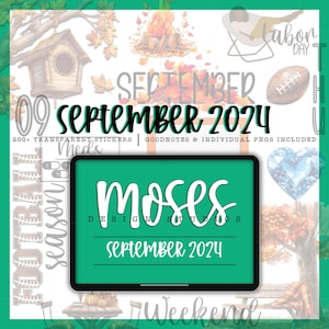 May include: A digital planner for September 2024 with a green background and the text "moses DESIGN STUDIOS" and "September 2024". The planner is surrounded by fall-themed illustrations, including a house, a campfire, leaves, and a football.