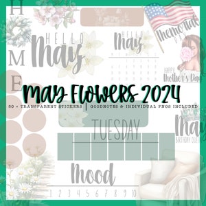 以下が含まれることがあります： 花をテーマにした5月のデジタルプランナー。プランナーには、カレンダー、気分トラッカー、メモ欄が含まれています。プランナーは、花、花輪、そして「May Flowers 2024」というテキストで飾られています。