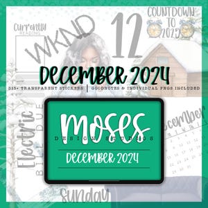 Könnte beinhalten: Ein digitaler Planer für Dezember 2024 mit grünem Hintergrund und dem Text "moses DESIGN STUDIOS" in Weiß. Der Planer enthält einen Kalender, einen Abschnitt "Aktuell gelesen", einen Abschnitt "WKND" und einen Countdown bis 2025.