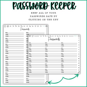 Puede incluir: Un organizador de contrase&ntilde;as imprimible con un icono de llave verde y el texto "Password Keeper" en un cuadro verde. El texto "Keep all of your passwords safe by clicking on the key" est&aacute; debajo del t&iacute;tulo. El imprimible tiene dos p&aacute;ginas, cada una con una lista de "Contrase&ntilde;as" con columnas para "Sitio web" y "Contrase&ntilde;a".