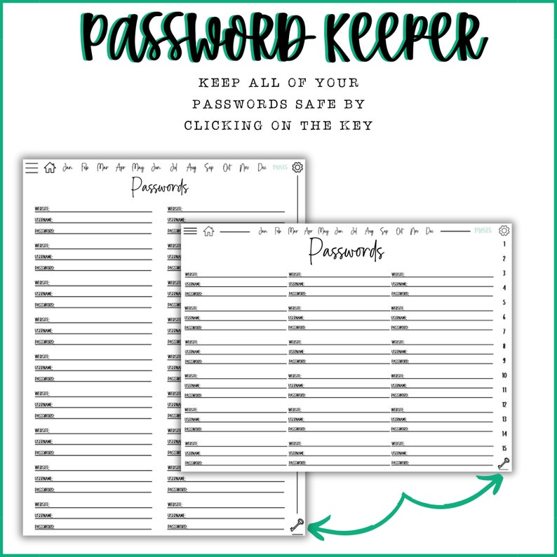 Puede incluir: Un organizador de contrase&ntilde;as imprimible con un icono de llave verde y el texto "Password Keeper" en un cuadro verde. El texto "Keep all of your passwords safe by clicking on the key" est&aacute; debajo del t&iacute;tulo. El imprimible tiene dos p&aacute;ginas, cada una con una lista de "Contrase&ntilde;as" con columnas para "Sitio web" y "Contrase&ntilde;a".