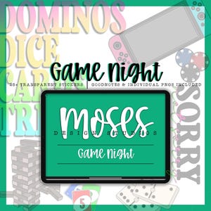 May include: A green digital tablet with the text "Game Night" and "moses DESIGN STUDIOS" on it. The tablet is surrounded by various game-themed icons, including dice, dominoes, cards, and a Nintendo Switch.