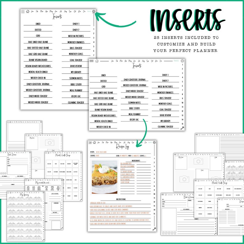 Puede incluir: Un conjunto de insertos de planificador imprimibles con una variedad de opciones, que incluyen diarios de gratitud diarios, rastreadores de estado de &aacute;nimo semanales, planificadores de comidas y listas de verificaci&oacute;n de limpieza. Los insertos est&aacute;n dise&ntilde;ados para ayudarte a personalizar y construir tu planificador perfecto.