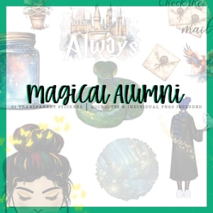 May include: A set of 31 transparent stickers featuring a magical theme. The stickers include a Hogwarts castle, a snake, a jar with stars, a girl with a bun, a forest, a wizard, and the text "Always" and "magical Alumni".