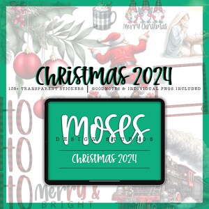 以下が含まれることがあります： タブレットに「moses DESIGN STUDIOS クリスマス 2024」というテキストが表示されているクリスマスをテーマにしたデジタルイラスト。デザインには、赤と緑のオーナメント、サンタクロースのフィギュア、電車、そして「メリークリスマス」というテキストが含まれています。