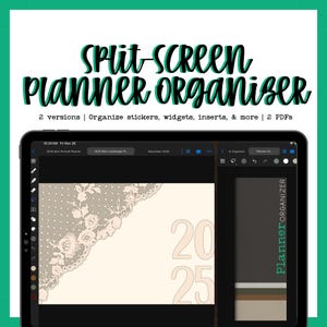 May include: A digital planner displayed on a tablet, featuring a split-screen design. The screen shows a cream-colored page with the numbers "2025" and a decorative lace border. The text "Split-Screen Planner Organizer" is at the top.