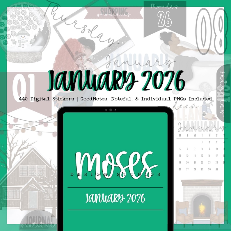January 2026 | 440 Digital Stickers | Goodnotes | Noteful | Digital ...
