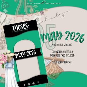May include: A digital sticker set advertisement with a green and beige color scheme. The text reads "may 2026" and "935 digital stickers." The image includes a graphic of a woman in a white dress and a picnic basket.