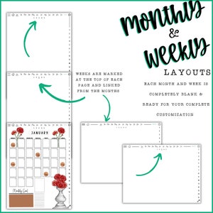 Puede incluir: Una plantilla de planificador digital con dise&ntilde;os mensuales y semanales en blanco. La plantilla es personalizable e incluye una secci&oacute;n para objetivos mensuales. El texto en la imagen dice "Dise&ntilde;os mensuales y semanales. Cada mes y cada semana est&aacute; completamente en blanco y listo para su completa personalizaci&oacute;n."