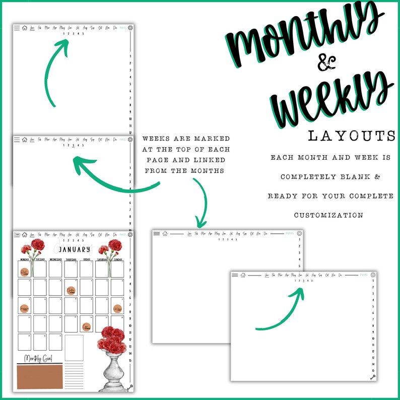 Puede incluir: Una plantilla de planificador digital con dise&ntilde;os mensuales y semanales en blanco. La plantilla es personalizable e incluye una secci&oacute;n para objetivos mensuales. El texto en la imagen dice "Dise&ntilde;os mensuales y semanales. Cada mes y cada semana est&aacute; completamente en blanco y listo para su completa personalizaci&oacute;n."