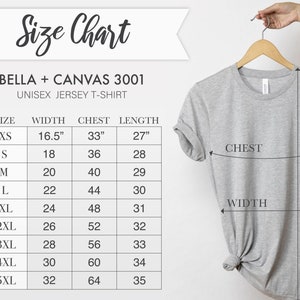 K&ouml;nnte beinhalten: Gr&ouml;&szlig;entabelle f&uuml;r ein Unisex-Jersey-T-Shirt von Bella + Canvas 3001. Die Tabelle zeigt die Gr&ouml;&szlig;en XS bis 5XL mit den entsprechenden Ma&szlig;en f&uuml;r Breite, Brustumfang und L&auml;nge in Zoll.