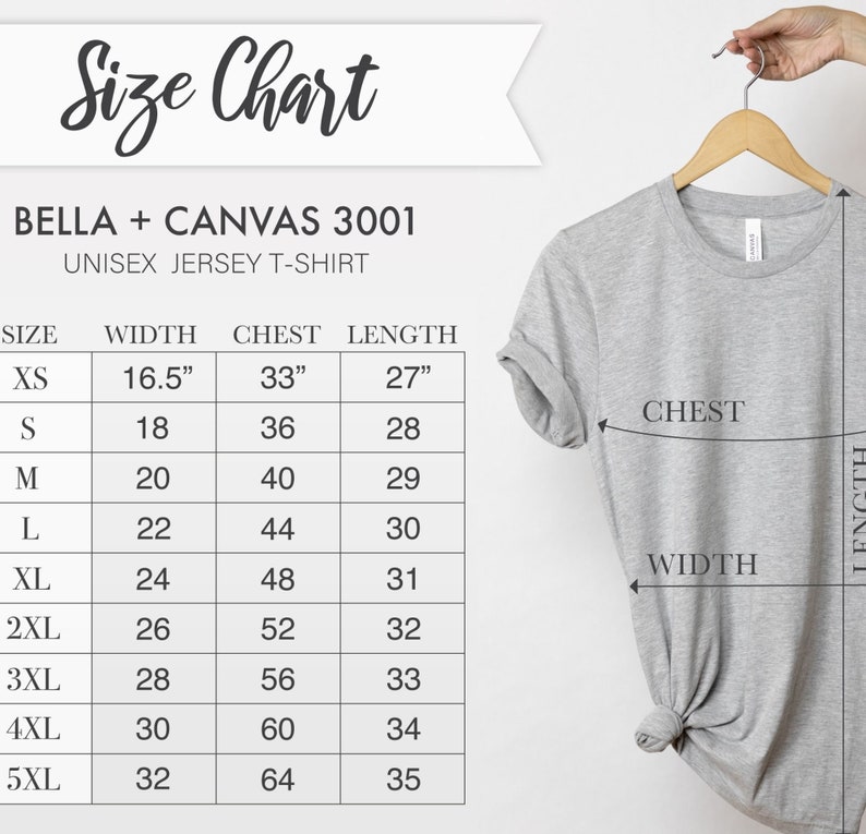 K&ouml;nnte beinhalten: Gr&ouml;&szlig;entabelle f&uuml;r ein Unisex-Jersey-T-Shirt von Bella + Canvas 3001. Die Tabelle zeigt die Gr&ouml;&szlig;en XS bis 5XL mit den entsprechenden Ma&szlig;en f&uuml;r Breite, Brustumfang und L&auml;nge in Zoll.