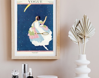 May include: A vintage Vogue magazine cover featuring a woman in a white dress with pink and green accents, holding a tennis racket. The cover is set against a blue starry night sky with a shooting star.