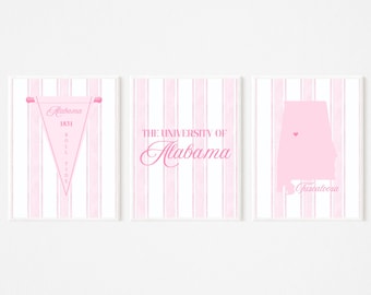 Pink University of Alabama Digital Prints - Stripes and Pennant - SET OF 3