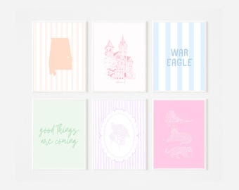 Conjunto de 6 pôsteres da Universidade de Auburn | Impressões em tons pastel com estilo preppy | Decoração para quarto de estudante | Download digital