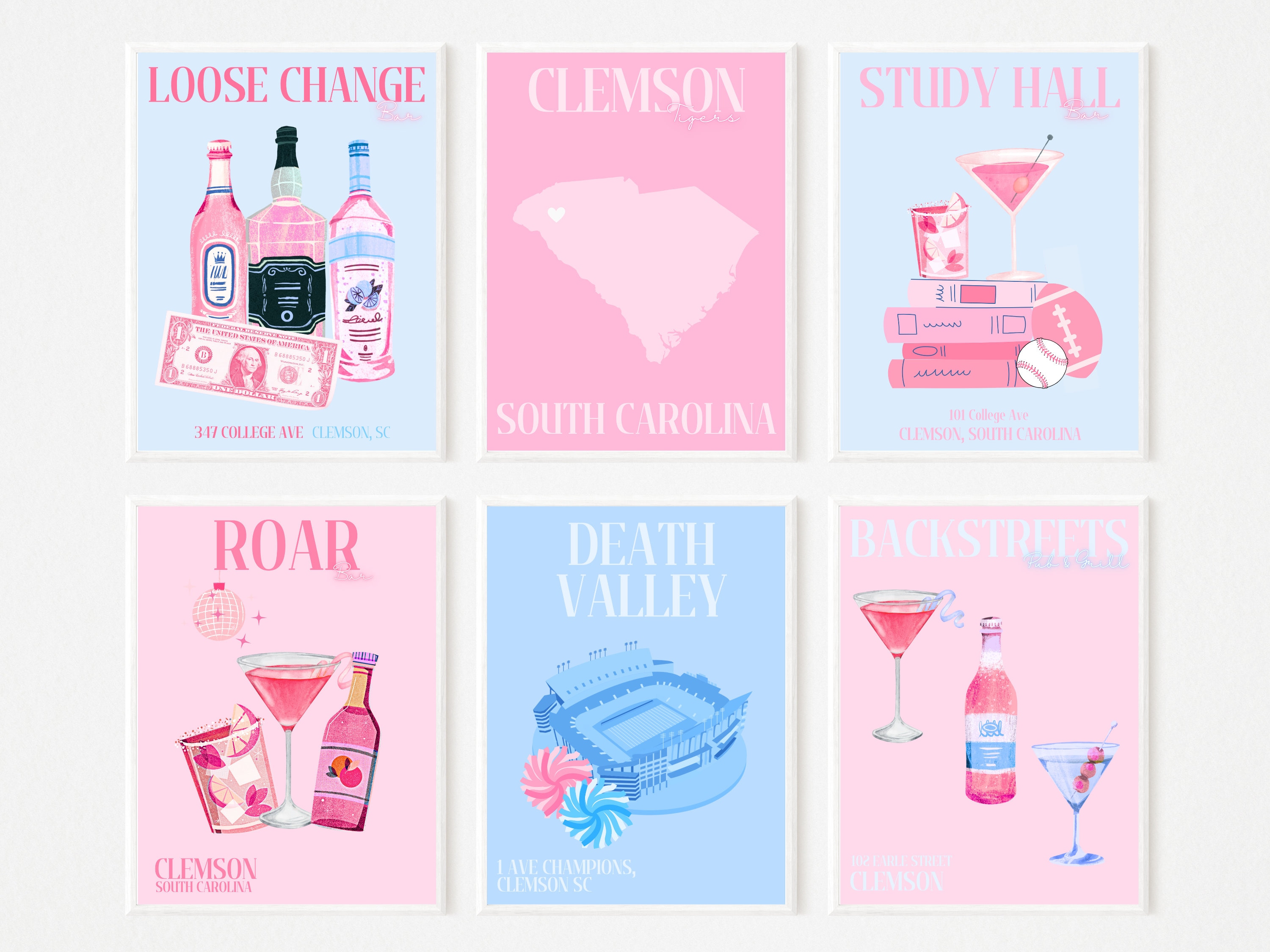 Pink and Blue Clemson Prints - Digital Download - SET OF 6