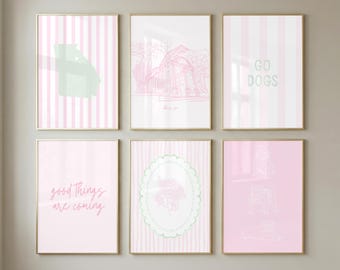Conjunto de 6 pôsteres da Universidade da Geórgia | Impressões preppy em rosa e verde | Decoração para quarto de estudante | Download digital