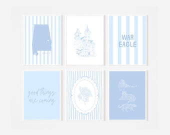 Conjunto de Arte de Parede Auburn | Impressões Azuis Estilo Preppy, Decoração para Dormitório (Download Digital)