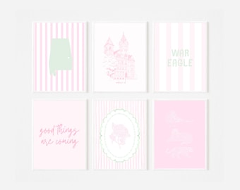 Conjunto de Arte de Parede da Universidade de Auburn | Impressões Rosa e Verde Estilo Preppy para Dormitórios (Download Digital)
