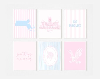 Conjunto de 6 pôsteres do Boston College | Impressões preppy em rosa e azul | Decoração para quarto de estudante | Download digital