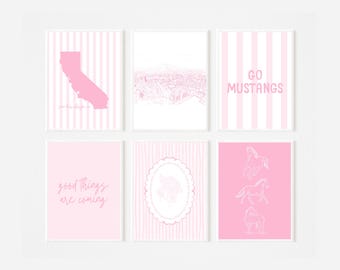 Conjunto de 6 pôsteres da Cal Poly | Impressões rosa estilo preppy | Decoração para dormitório universitário | Download digital