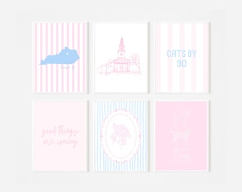Conjunto de 6 pôsteres da Universidade de Kentucky | Impressões preppy em rosa e azul | Decoração para quarto de estudante | Download digital