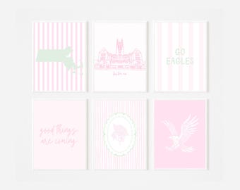 Conjunto de 6 pôsteres do Boston College | Impressões preppy em rosa e verde | Decoração para quarto de estudante | Download digital