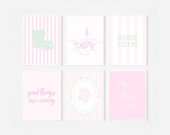 Conjunto de Arte de Parede LSU | Impressões Preppy Rosa e Verde, Decoração para Dormitório (Download Digital)