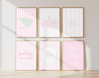 Conjunto de Arte de Parede Clemson Tigers | Decoração Preppy Rosa e Verde para Dormitório (Download Digital)