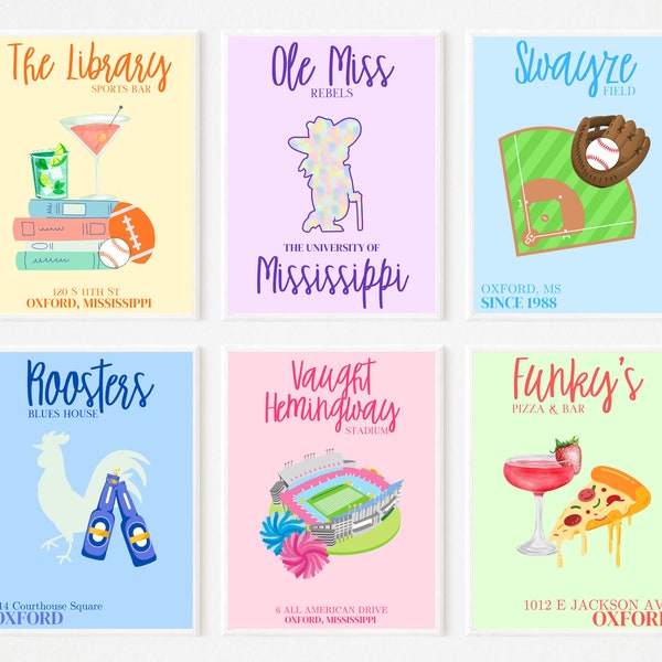 Cute Ole Miss Prints - University of Mississippi Digital Preppy Prints - SET OF 6