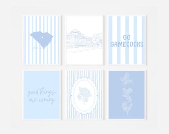 Conjunto de 6 pôsteres da Universidade da Carolina do Sul | Impressões azuis em estilo preppy | Decoração para quarto de estudante | Download digital