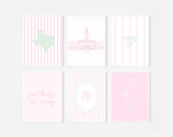 Conjunto de 6 pôsteres da Universidade do Texas | Impressões preppy em rosa e verde | Decoração para quarto de estudante | Download digital