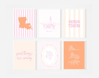 Conjunto de 6 pôsteres da LSU para parede | Impressões preppy em rosa e laranja | Decoração para quarto de estudante | Download digital