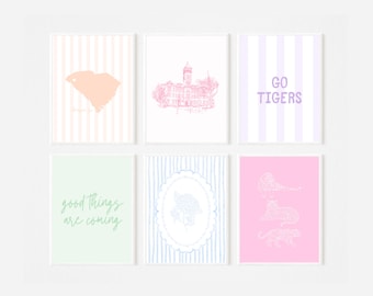 Conjunto de 6 pôsteres da Universidade Clemson | Impressões em tons pastel com estilo preppy | Decoração para quarto de estudante | Download digital