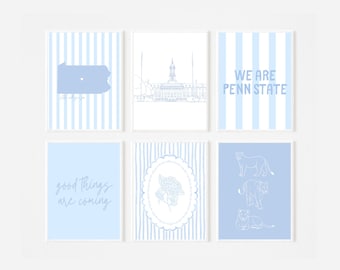 Conjunto de 6 pôsteres da Penn State | Impressões azuis em estilo preppy | Decoração para quarto de estudante | Download digital
