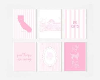 Conjunto de 6 pôsteres da Chico State | Impressões rosa estilo preppy | Decoração para dormitório universitário | Download digital