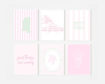 Impressões para decoração de dormitórios da Ole Miss | Galeria de parede estilo preppy em tons de rosa e verde (Download digital)