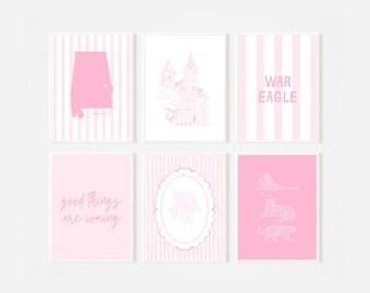 Conjunto de 6 quadros decorativos Auburn | Impressões rosa estilo preppy | Decoração para dormitório universitário | Download digital