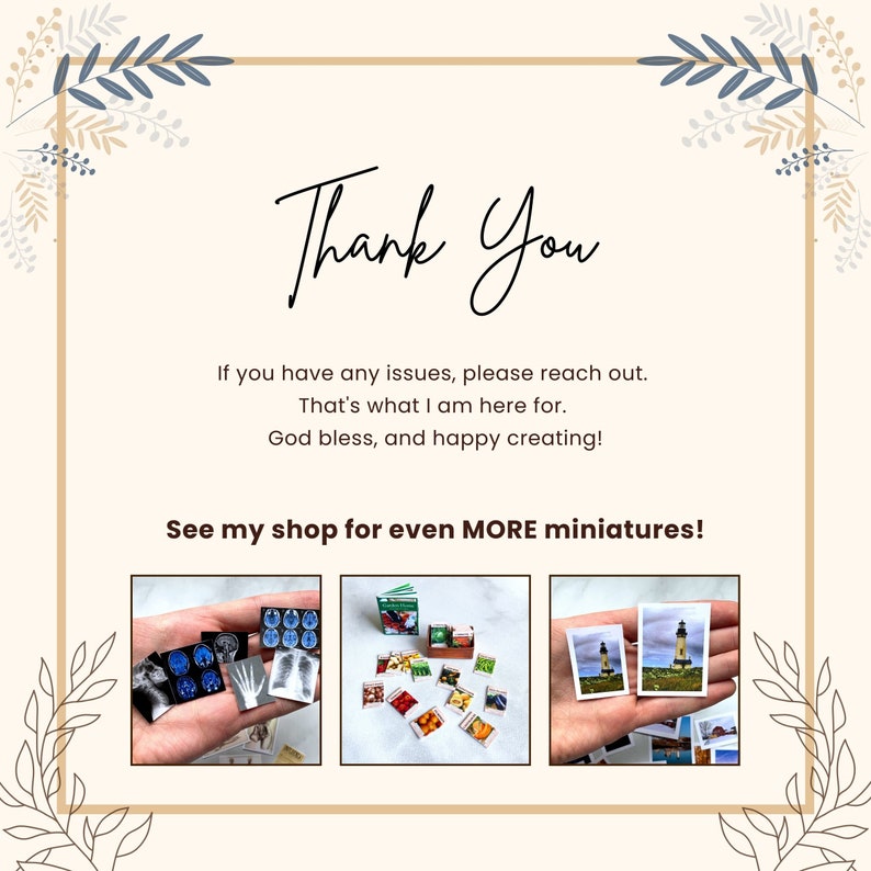 May include: Three sets of miniature photos, each set held in a hand. The first set is of miniature x-rays, the second set is of miniature food photos, and the third set is of miniature lighthouse photos.