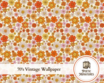 May include: A seamless pattern of orange, yellow, and pink flowers on a white background. The pattern is reminiscent of 1970s wallpaper. The text "70's Vintage Wallpaper" is at the bottom of the image. A logo for "Poetic Miniatures" is in the bottom right corner.