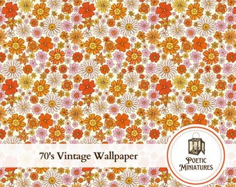 Dollhouse Wallpaper 70's Vintage Floral Wallpaper for 1:12 Scale Dollhouses Dioramas - Digital Download Printable Wallpaper - PDF