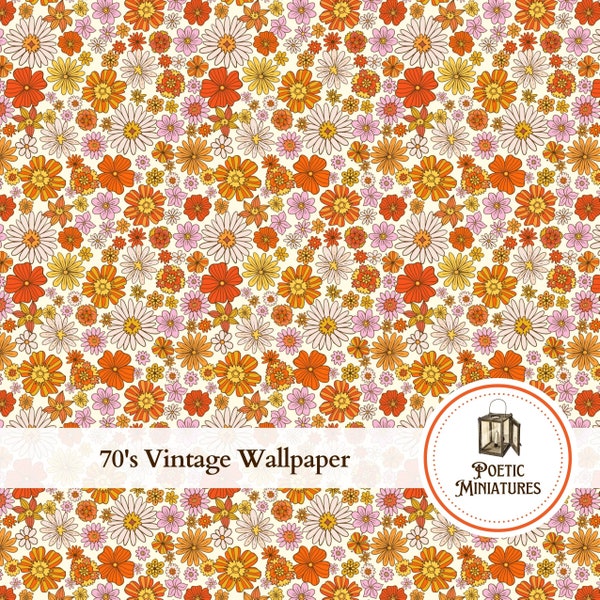 Dollhouse Wallpaper 70's Vintage Floral Wallpaper for 1:12 Scale Dollhouses Dioramas - Digital Download Printable Wallpaper - PDF