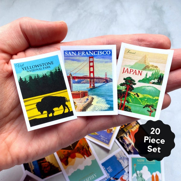 Miniature Travel Posters Dollhouse Vintage Wall Art 1:12 Scale Posters - Digital Download Printable PDF - 20 Pieces