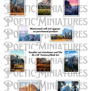 May include: Set of six Yosemite National Park landscape photographs. The photos feature various scenic views of the park, including Half Dome, El Capitan, and Yosemite Falls. The photos are printed on high-quality paper and are perfect for framing.