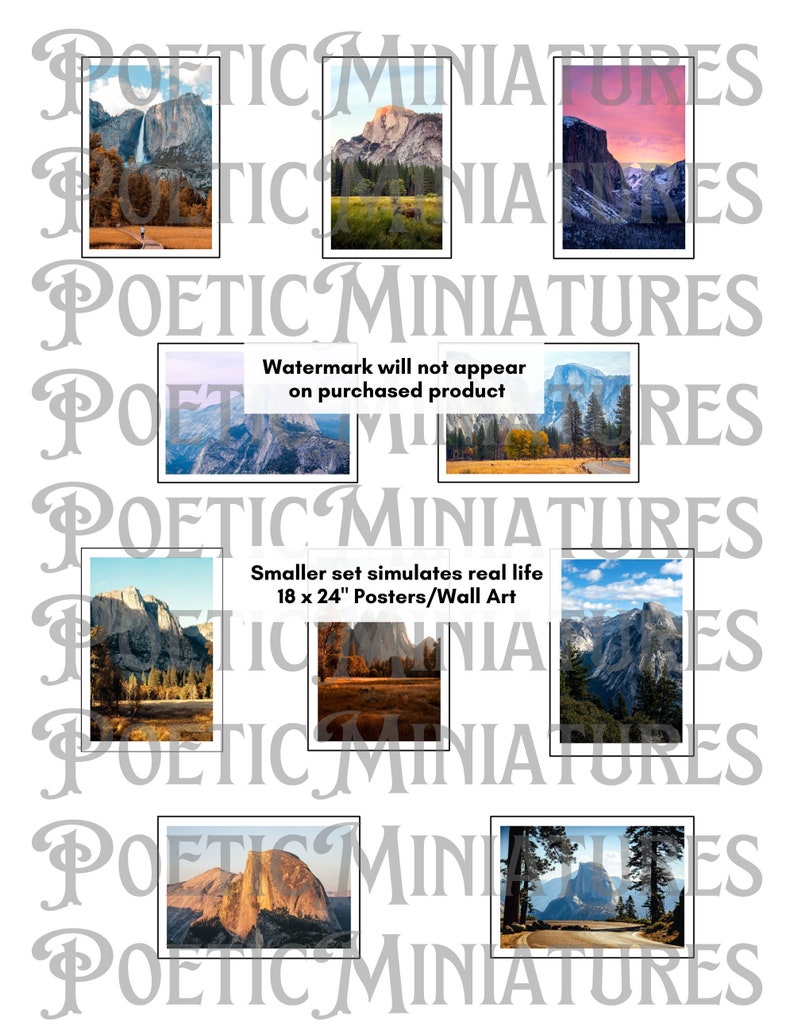 May include: Set of six Yosemite National Park landscape photographs. The photos feature various scenic views of the park, including Half Dome, El Capitan, and Yosemite Falls. The photos are printed on high-quality paper and are perfect for framing.