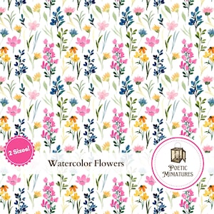 Dollhouse Wallpaper Watercolor Flowers Printable Miniature Wallpaper for 1:12 1/24 Scale Dollhouses Dioramas  - Digital Download PDF