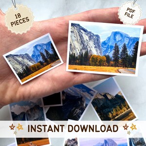May include: A set of 18 printable jigsaw puzzle pieces featuring a scenic view of Yosemite National Park. The image shows Half Dome and El Capitan, two iconic rock formations, with a forest in the foreground. The text "PDF FILE" and "18 PIECES" are visible in the image.  The text "INSTANT DOWNLOAD" is also visible in the image.